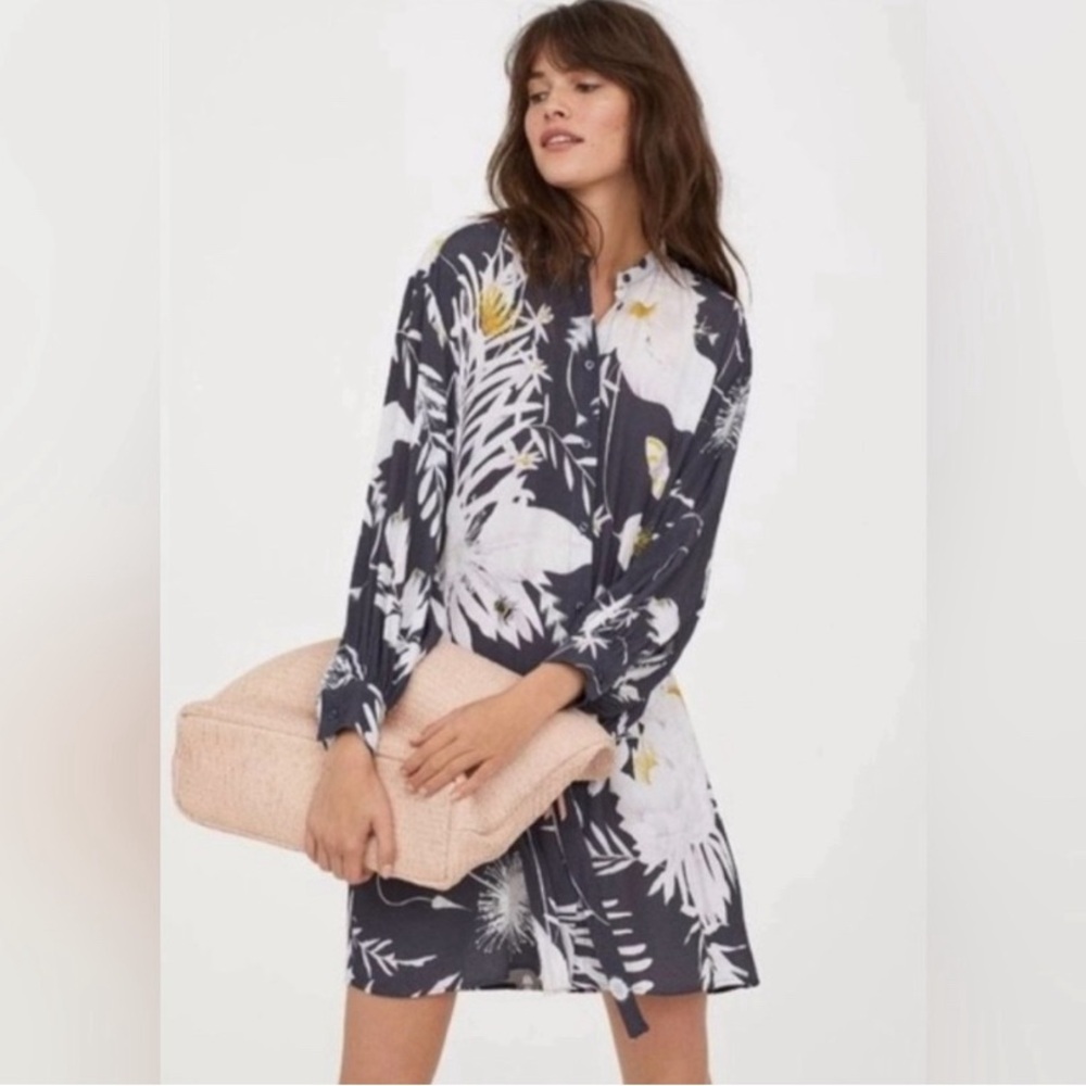 Anna Glover X HM Women's Navy Button Up Floral Shirt Mini Dress Boho‎